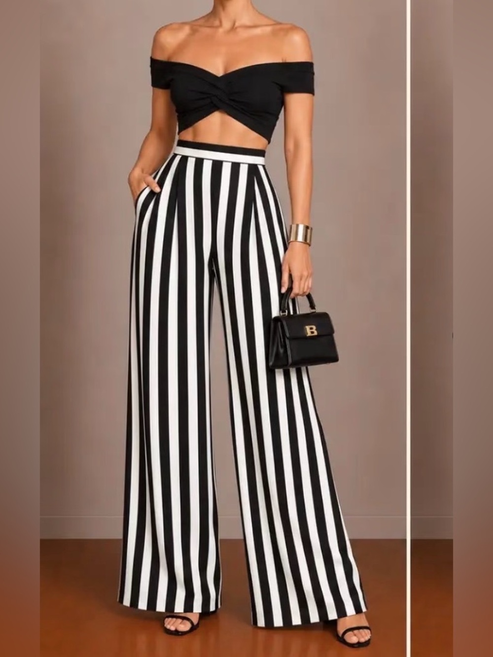Alice + Olivia Black & Cream Vertical-Stripe Wide-Leg Pants - Picture 1 of 5